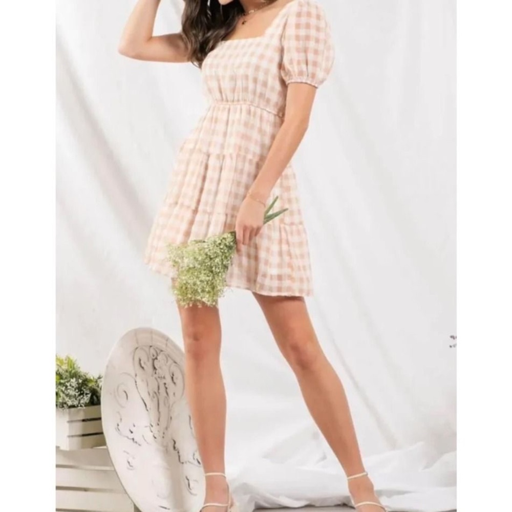 NWT Gingham Mine Babydoll Dress with square neckline and tie back